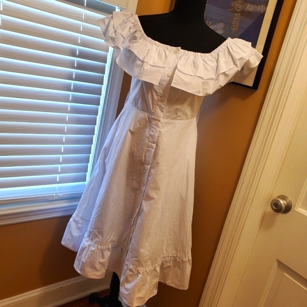 Chen Burkett New York Bright White Off The Shoulder 100% Cotton Dress, Ruffle